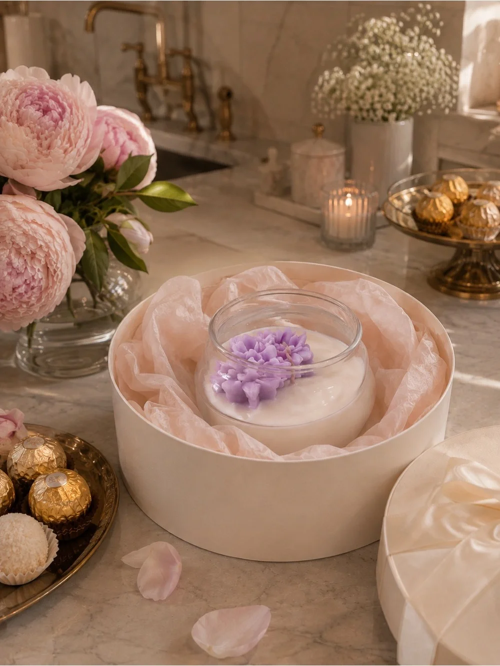 Pink Floral Glass Candle Bowl - Elegant Home Accent